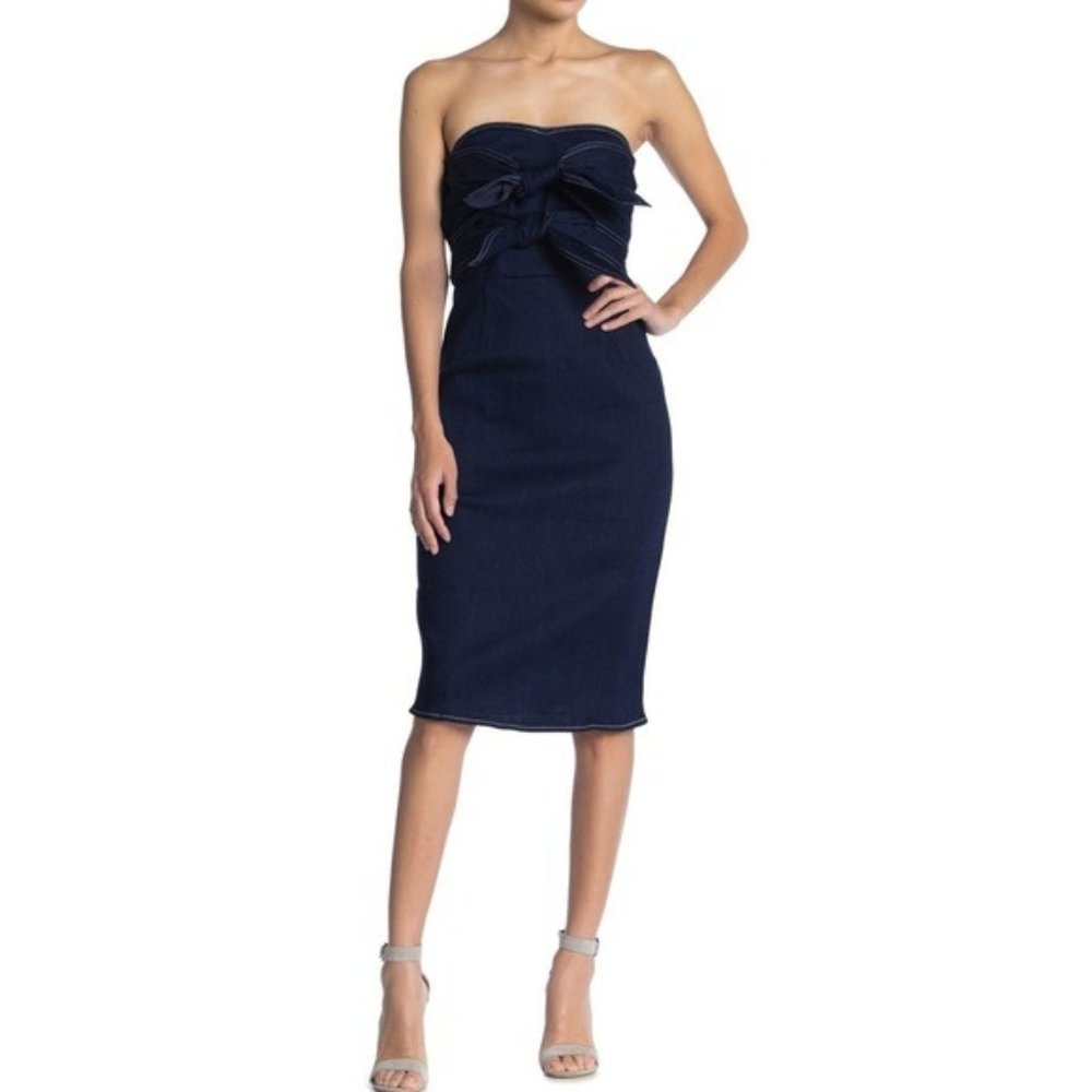 Gracia Double Tie Front Detail Strapless Bodycon Midi Jean Denim Dress NWT